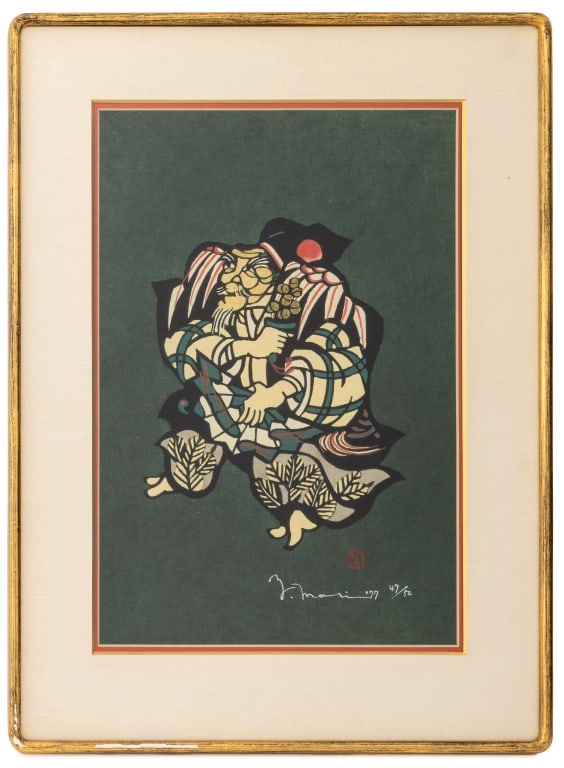 Yoshitoshi Mori Elderly Man Portrait Woodcut, 1977: Yoshitoshi Mori (Japanese, 1898-1992), Portrait of an Elderly Man, Woodcut Print in Colors, 1977, signed in ink, dated, and numbered edition "47/50" with artist's chop seal mark lower right, giltwood 