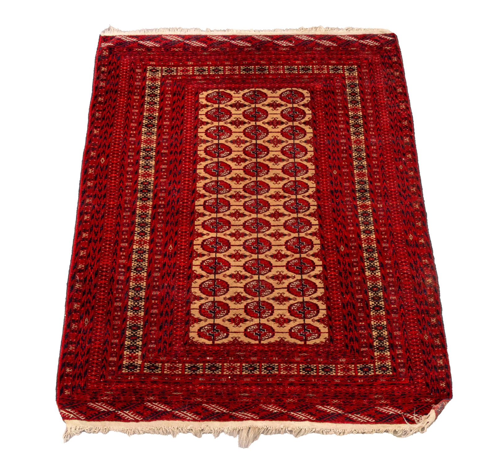 Persian Bokhara Rug, 5' 8" x 4' 2": Persian Bokhara Rug, with geometric repeating pattern on a red ground. 5' 8" L x 4' 2" W. Provenance: From a 21 East 87th Street Estate. Keywords: Area rugs, Carpets, Floor coverings, Textiles, Interi
