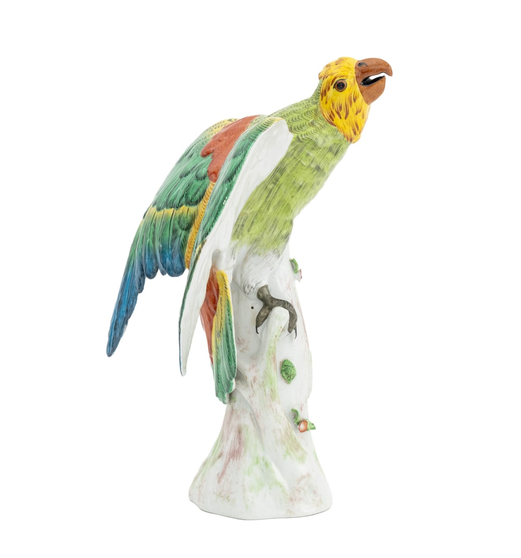 French Porcelain Parrot Sculpture: Pair of French Hand-Painted Porcelain Parrot Sculpture, marked "France" to underside. 12.5" H x 9" W x 7.25" D. Provenance: From a West End Avenue Collection. Keywords: French ceramics, Meissen