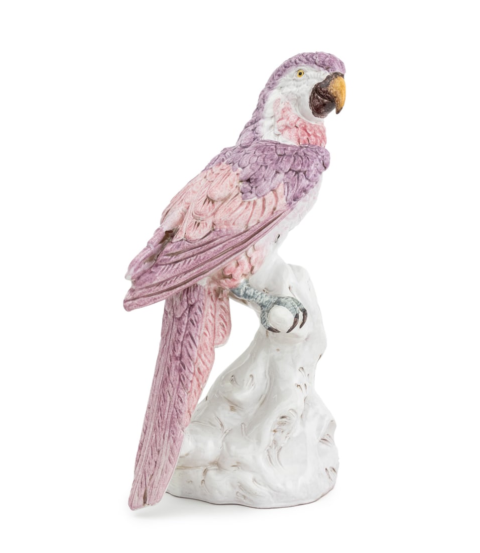 Italian Majolica Purple Parrot Sculpture: Italian Majolica Purple Parrot Sculpture, impressed "Made in Italy" mark to underside. 17.25" H x 9.5" W x 6.25" D. Provenance: From a West End Avenue Collection. Keywords: Italian Maiolica,