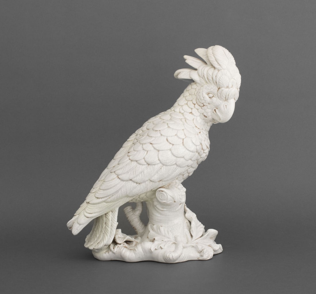 Italian White Glazed Ceramic Cockatoo Sculpture: Italian White Glazed Ceramic Cockatoo Sculpture, a male and female, marked "Italy" to underside. Taller: 15.5" H x 11.75" W x 7" D. Provenance: From a West End Avenue Collection. Keywords: Art