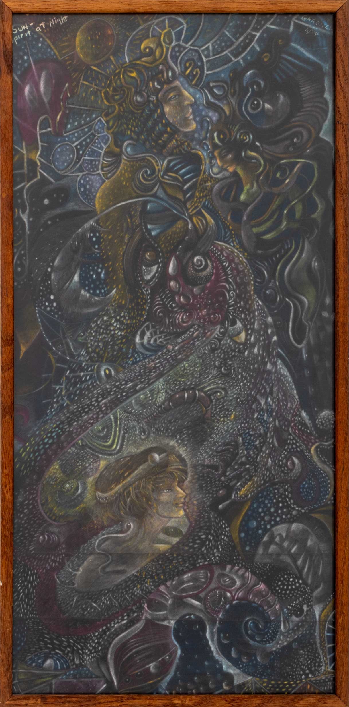 "Sun-Spirit at Night" Pastel on Paper, 20th C.: 20th Century School, "Sun-Spirit at Night", Pastel on Black Paper, titled upper left, wood frame. Image: 26.25" H x 12.25" W; frame: 27.25" H x 13.5" W x 1" D. Provenance: A 200 West 57th Street