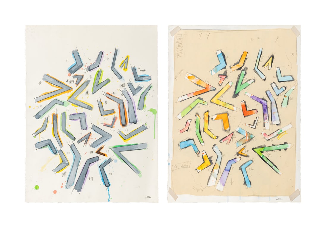 Elfi Schuselka Geometric Compositions Mix Media, 2: Elfi Schuselka (Austrian, b. 1940), Two Geometric Compositions, Mixed Media on BFK Rives Paper, one piece with cut out angles mounted on watercolor painted paper, each with artists studio stamp,