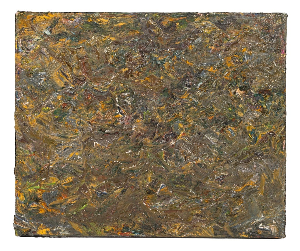 Andy Miller Abstract Composition Oil on Canvas: Andy Miller (American, b. 1950), Abstract Composition, Oil on Canvas, impasto details, brown with ochre and blue hues, unsigned, artist's studio stamp verso, unframed. 10.25" H x 12.25" W.