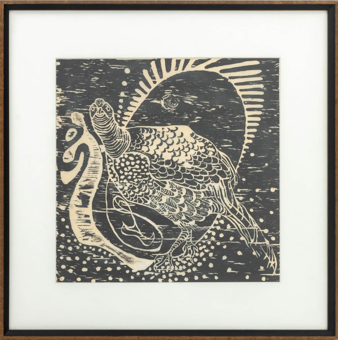 Abstract Turkey Composition Linocut, 20th C.: 20th Century School, Abstract Turkey Composition, Linocut on Paper, wood frame. Image: 11.25" H x 11.25" W; frame: 17" H x 17" W x 0.5" D. Provenance: From a Connecticut Estate. Keywords: Prints,
