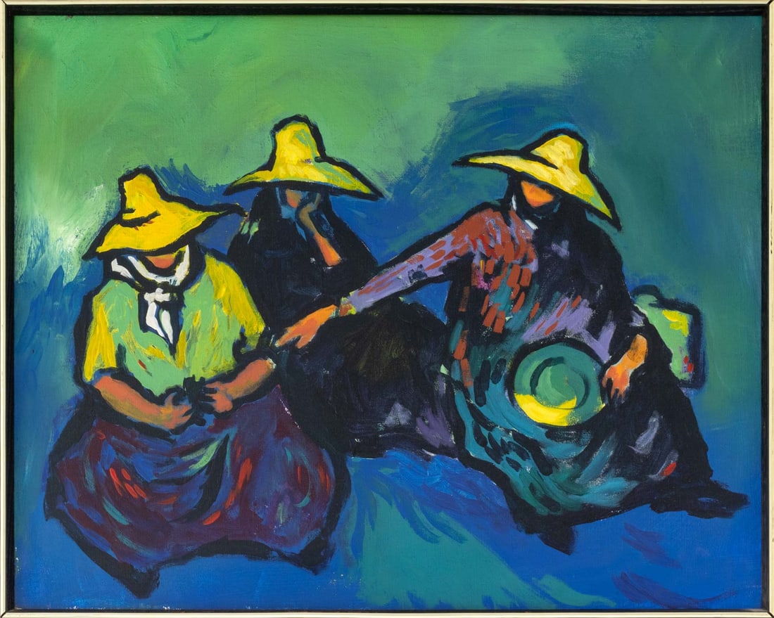 Three Seated Figures Acrylic on Canvas, 20th C.: 20th Century School, Three Seated Figures, Acrylic on Canvas, unsigned, ebonized wood frame. Image: 23.75" H x 29.75" W; frame: 25.25" H x 31.25" W x 1.5" D. Provenance: From a New York City