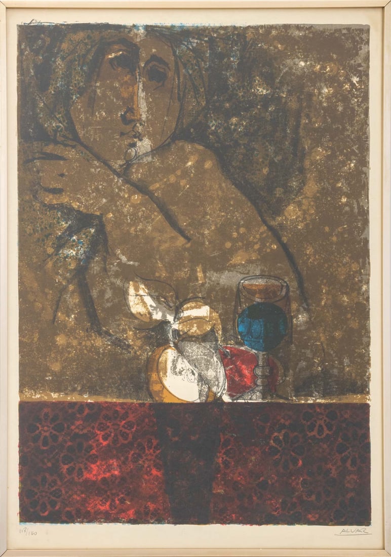 Gunnar Alvar "Vanity" Lithograph, 20th C.: Gunnar Alvar (French, b. 1922), "Vanity", Lithograph in Colors, mid 20th century, signed in pencil lower right, numbered edition "118/140" lower left, together with Certificate of Authenticity,