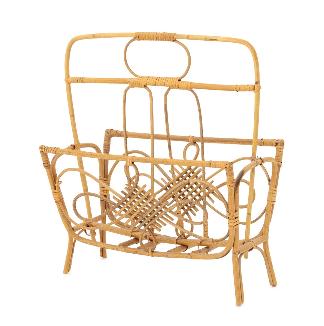 Aesthetic Movement Bent Reed & Wicker Canterbury: Aesthetic Movement Bent Reed and Wicker Canterbury, circa 1900. 18.75" H x 15.75" W x 9" D. Provenance: From an East 86th Street Estate. Keywords: Antiques, Victorian Period, Magazine rack, Newspaper 