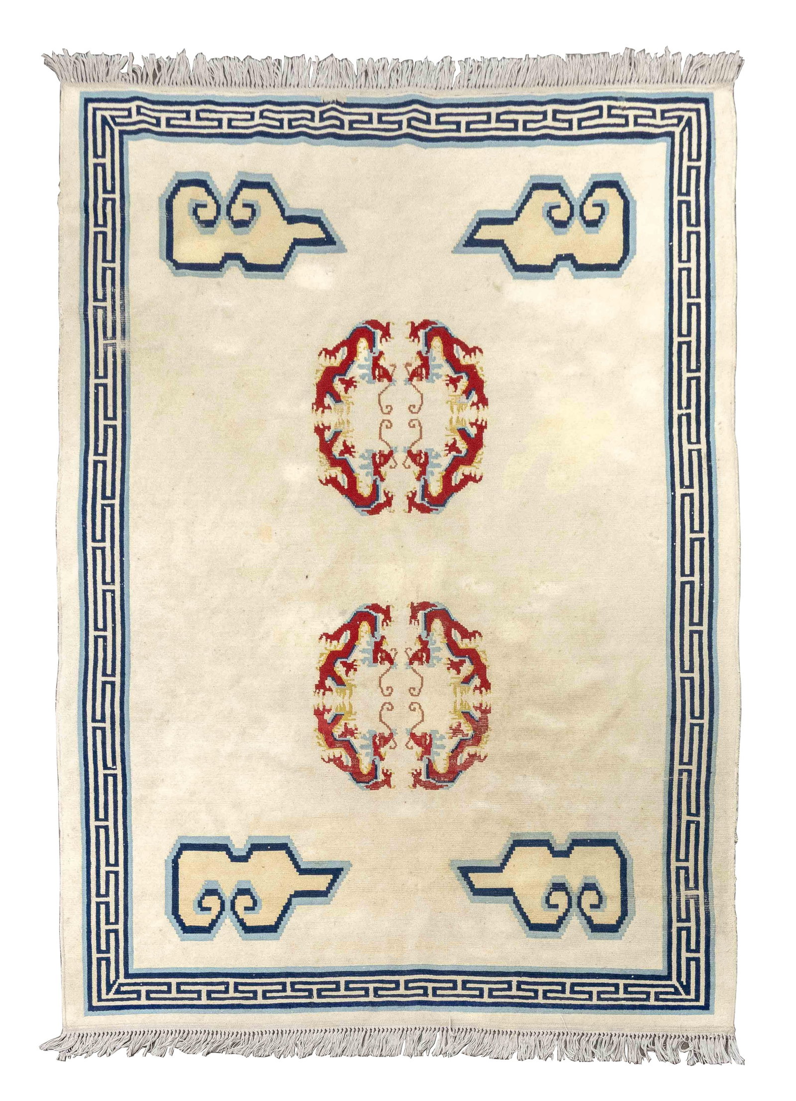 Tibetan Dragon Motif Carpet, 8' 11' x 6': Tibetan Dragon Motif Rug, decorated with two medallions of four red dragons amongst clouds within a blue Greek key border all on a cream ground. 8' 11" L x 6' 2" W. Provenance: The Estate of Alton G. 