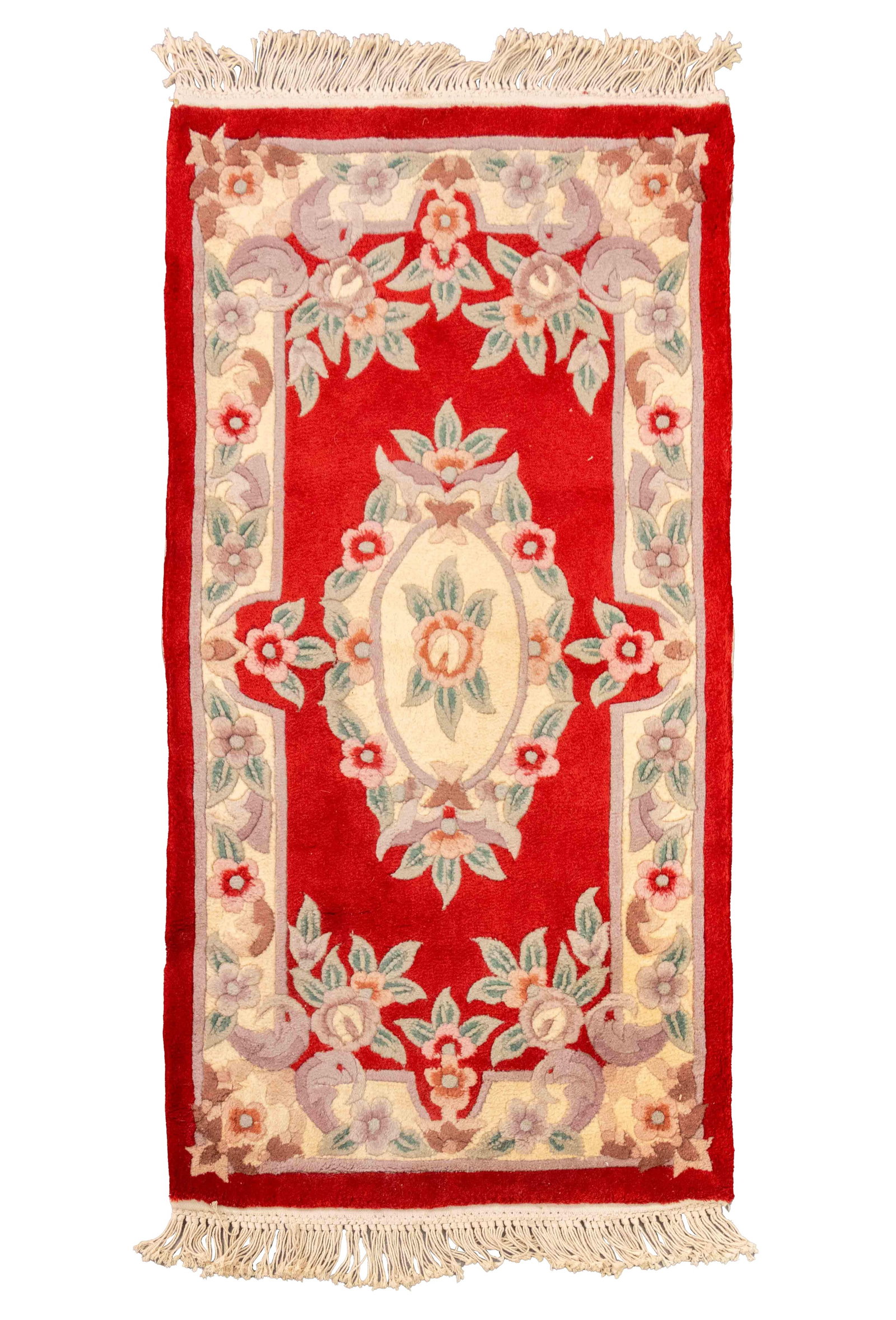 Chinese Aubusson Style Rug, 5' 7" x 2' 6.75": Chinese Aubusson Style Rug, with central rose flower medallion on a red ground. 5' 7" L x 2' 6.75" W. Provenance: From a West End Avenue Collection. Keywords: Area rugs, Carpets, Textiles, Floral moti