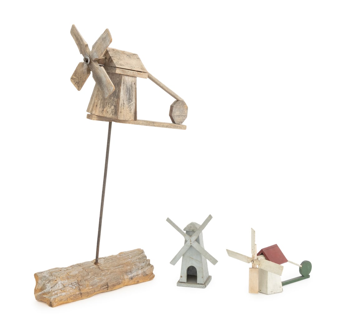 American Primitive Windmill Sculptures, 3: Collection of Three American Primitive Windmill Kinetic Sculptures, one polychrome painted, all with rotating fantails. Largest: 30.5" H x 22" W x 8" D. Provenance: From a 21 East 87th Street Estate. 