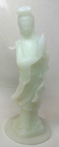 Large Chinese Jade Guanyin: A jade guanyin figure with flowing robes holding a vessel, photographs demonstrate jade in different lighting, China; unmarked. Dimensions: 11-1/2" H