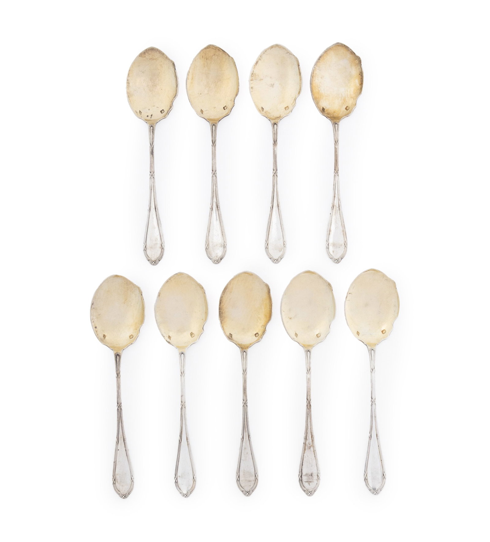 French Silver Dessert Spoons, ca. 1900, 9: Set of Nine French 950 Silver Dessert Spoons, struck with makers mark for V. Bolin, Paris, circa 1900 and Minerva standard mark. Weight: 6.32 ozt.; 5.5" L. Provenance: From a Long Island, New York Est