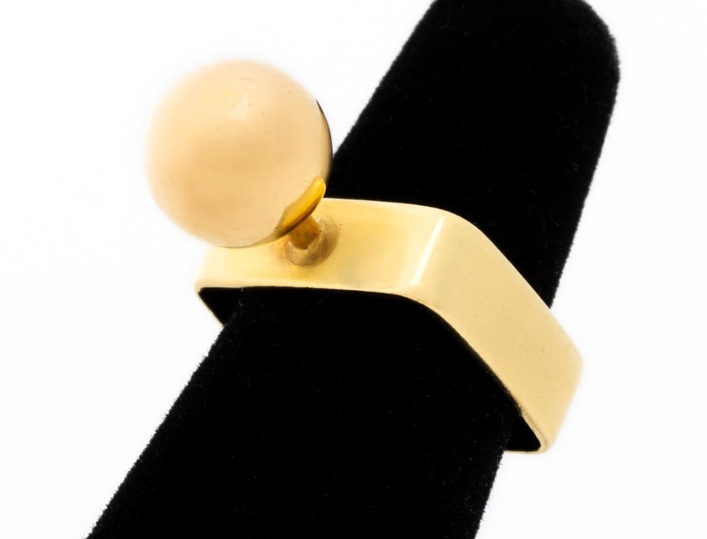 Modernist Geometric Design 18K Yellow Gold Ring: Modernist Geometric Design 18K Yellow Gold Ring, brightly polished art jewelry design, after the style of Dinh Van, crafted as square shank with sphere raised on small cylindrical post. Gold tested. M