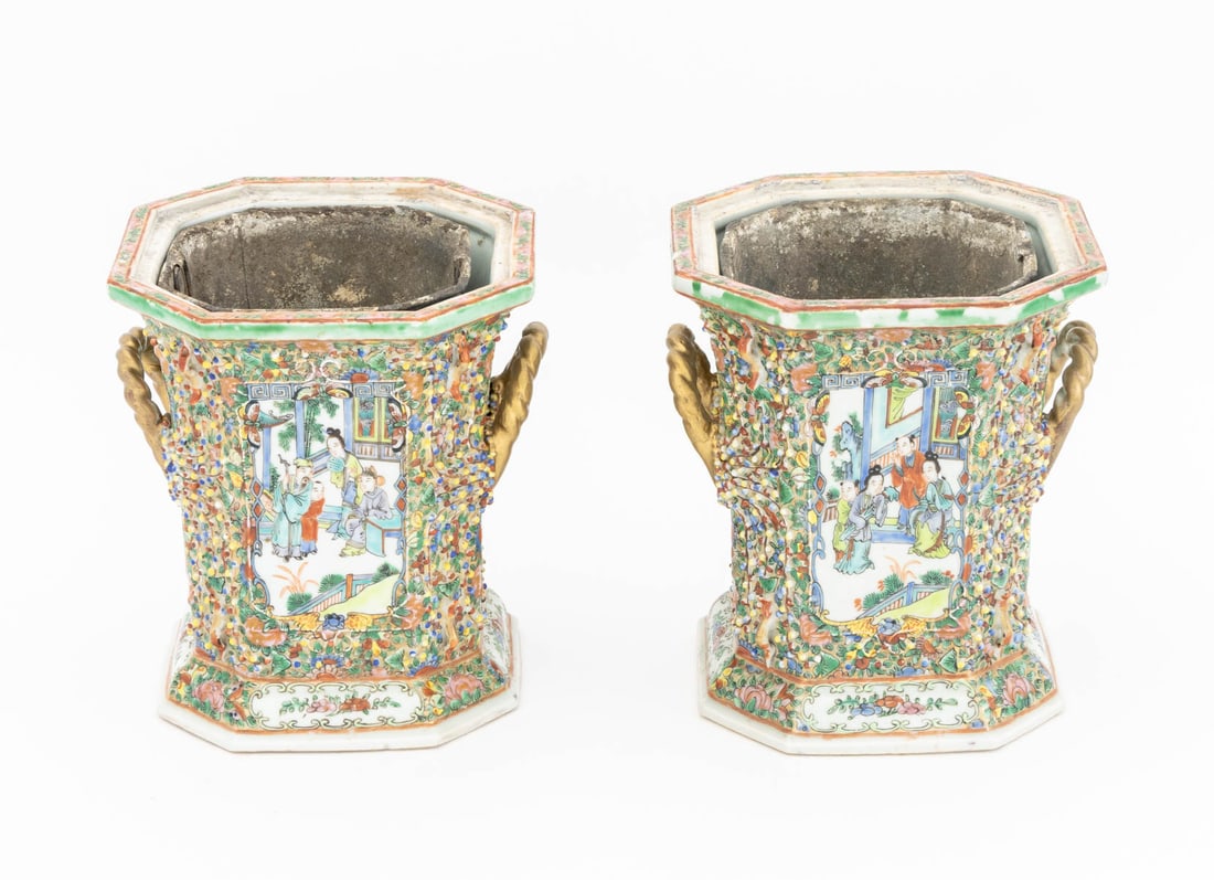 Chinese Canton Porcelain Bough Pots, Pair - 3