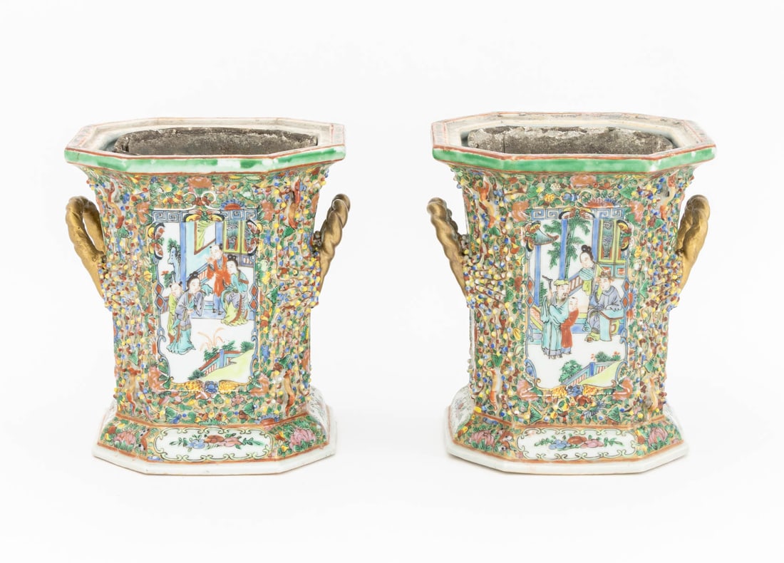 Chinese Canton Porcelain Bough Pots, Pair - 8