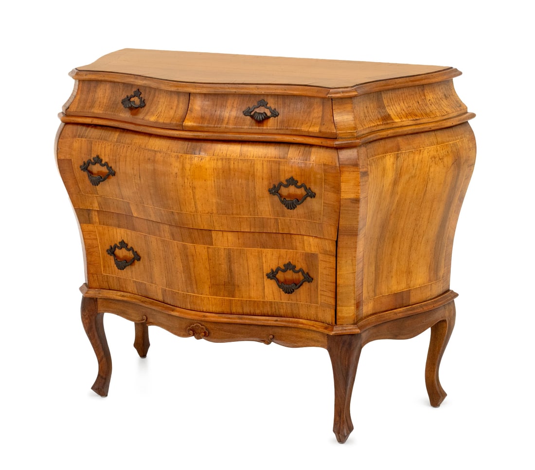 Italian Walnut Bombe Commode: Italian Walnut Bombe Commode. 32" H x 40" W x 19" D. Provenance: From a Forest Hills Gardens Estate. Keywords: Italian Furniture, Neoclassical Style, Carved Wood, Dresser, Chest of Drawers, Interior D