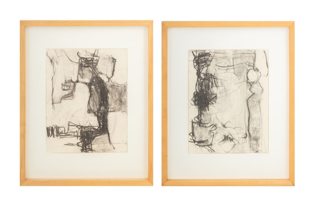 Robert O'Meara Abstract Composition Charcoals, 2: Robert O'Meara (American, 1957-2024), Two Abstract Compositions, Charcoal on Paper, signed lower right wood frame. Image: 13" H x 10" W; frame: 20.75" H x 16.5" W. Provenance: From a 333 East 75th Str