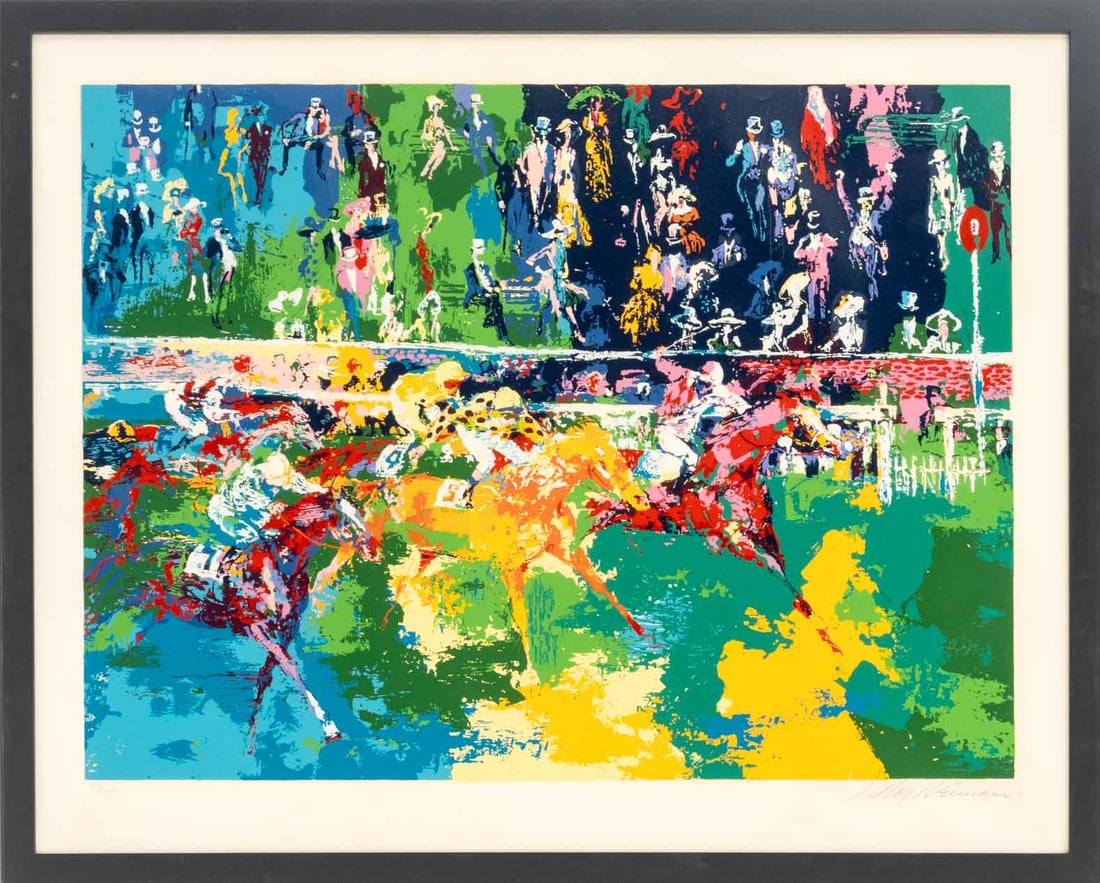 LeRoy Neiman "Ascot Finish" Screenprint, 1974: LeRoy Neiman (American, 1921-2012), "Ascot Finish" Screenprint in Colors, 1974, numbered edition "130/300 lower left, signed in pencil lower right, black frame. Image: 26" H x 34.75" W; sheet: 31" H x
