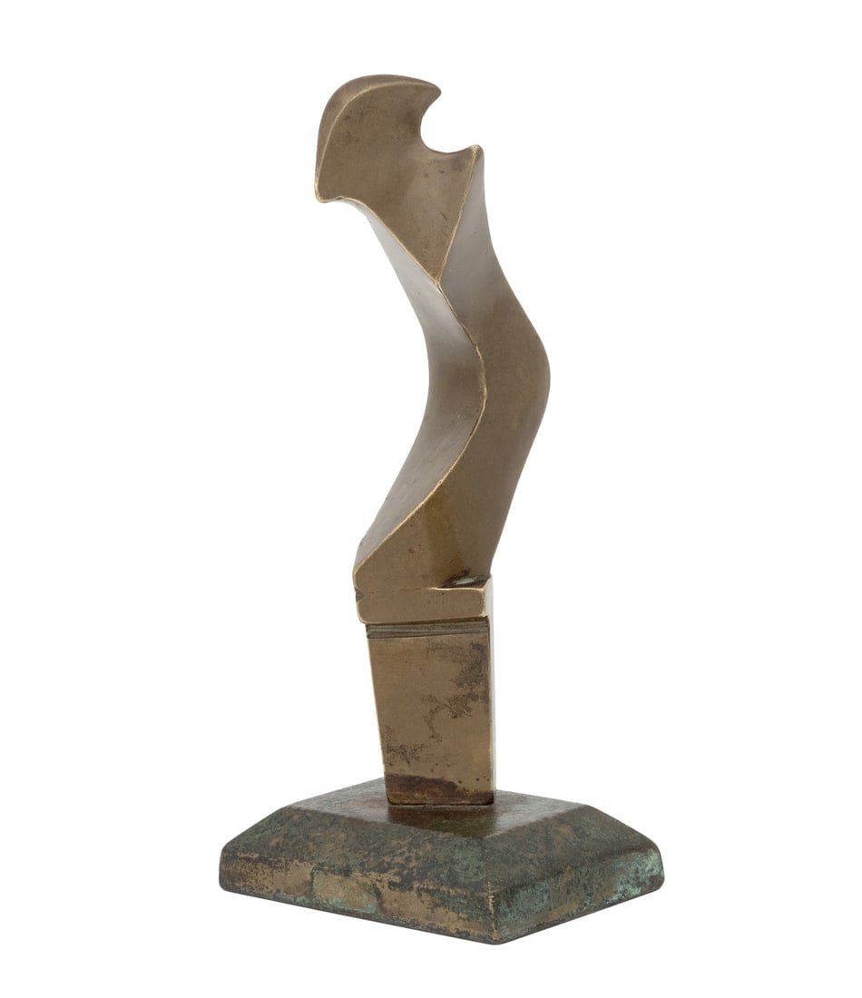 Modernist Abstract Patinated Bronze Sculpture: Modernist Abstract Patinated Bronze Sculpture, 20th century, the freeform above a faceted rectangular base. 8.5" H x 3.75" W x 3.75" D. Provenance: From a West Village Townhouse. Keywords: Statue, Tab