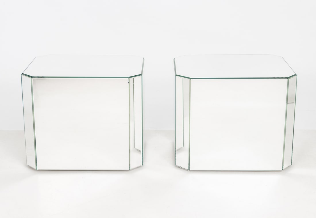 Modern Mirrored Pedestal Tables, Pair - 2