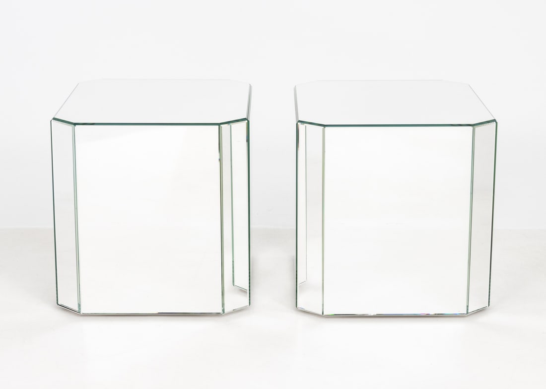 Modern Mirrored Pedestal Tables, Pair - 6