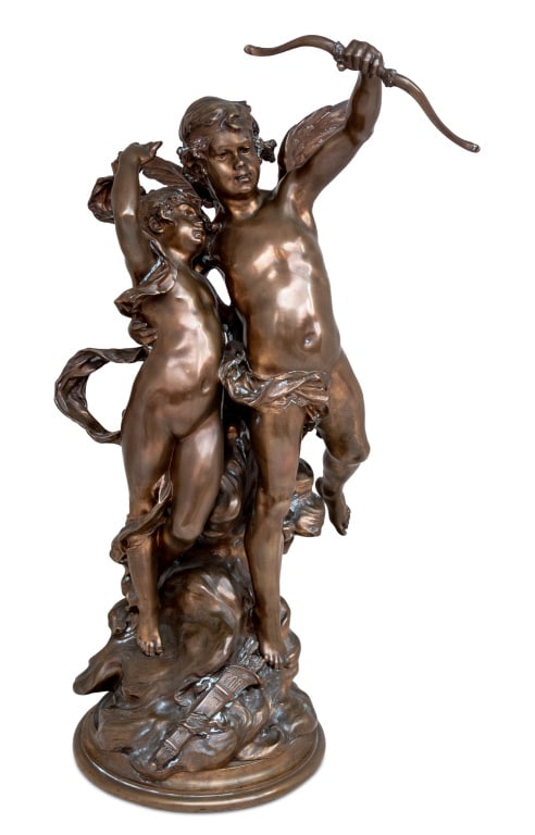Leopold Steiner "Cupid and Psyche" Bronze, 19th C.: Clement-Leopold Steiner (French, 1853-1899) "Cupid and Psyche" Patinated Bronze Sculpture, late 19th century, the figures standing on a cloud, signed, and Thiebaut Fres fondours Paris" cachet. Psyche 