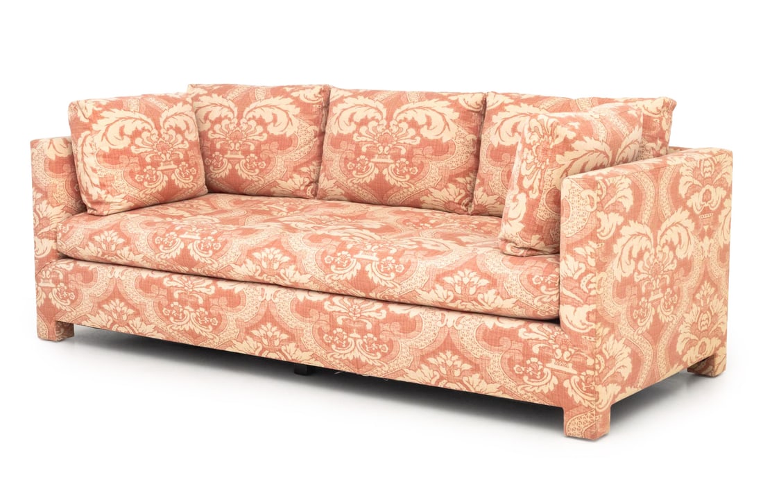 Pink and White Linen Upholstered Three-Seat Sofa (1 of 9)