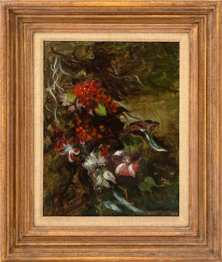 Frank Mason Floral Still Life Oil on Canvas, 1970: Frank Mason (American, 1921-2009), Floral Still Life Scene, Oil on Canvas, 1970, signed lower right, signed, dated, and inscribed "Rome" verso, giltwood frame. Image: 13.5" H x 10.5" W; frame: 20.5" H