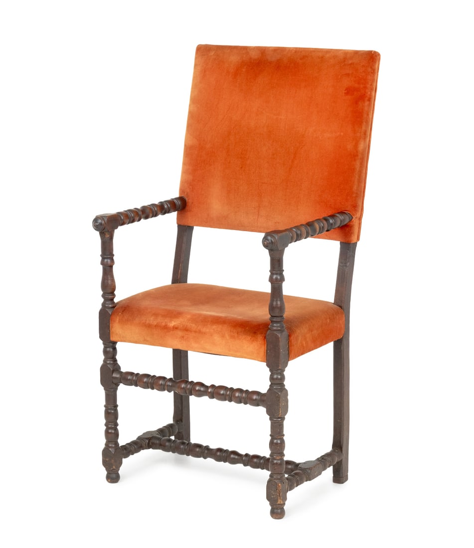 Italian Baroque Velvet Upholstered Armchair: Italian Baroque Velvet Upholstered Walnut Arm Chair. 46" H x 22" W x 19" D; seat: 19.5" H. Provenance: From the Estate of Gerard Stora, Vice President of Wildenstein Gallery. Keywords: Antique Furnitu