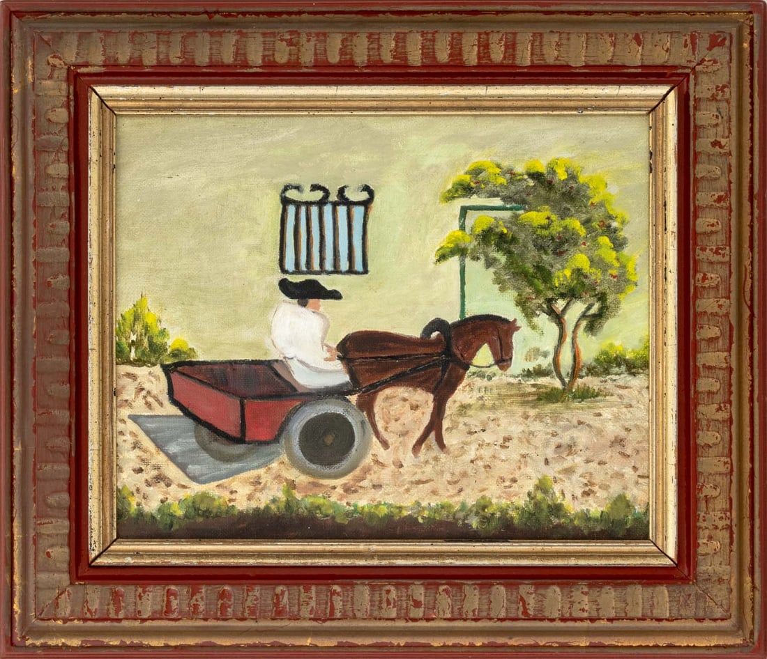 Naive Scene of a Horse-Drawn Carriage Oil, 20th C.: 20th Century School, Landscape Scene of a Horse-Drawn Carriage, Oil on Canvas Panel, unsigned, red and giltwood frame. Image: 7.75" H x 9.75" W; frame: 12.5" H x 14.25" W x 1.25" D. Provenance: From a