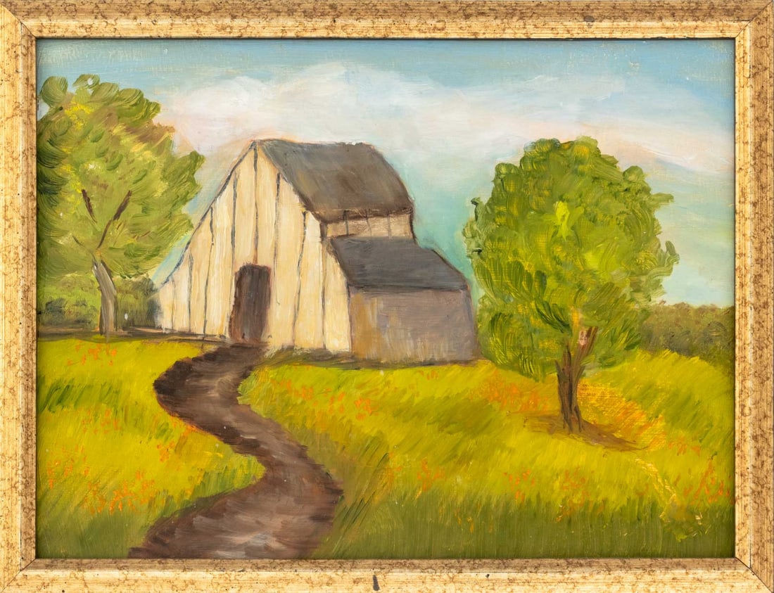 American Naive Barn Landscape Oil on Panel (1 of 6)