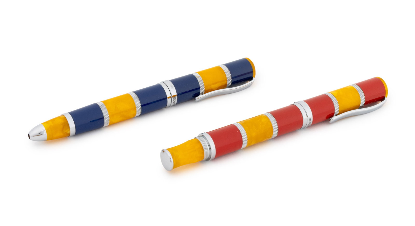 Monteverde "Regatta" Fountain & Ballpoint Pens, 2: Monteverde Regatta Fountain Pen and Ballpoint Pen, striped cases with silver-tone accents, ballpoint in blue and yellow, fountain pen in red and yellow, nib marked "Iridium Point Germany", in green ca