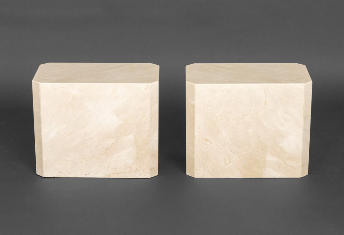 Modern Crema Marfil Marble Side Tables, Pair - 2