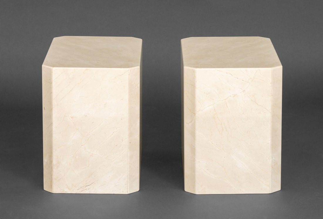 Modern Crema Marfil Marble Side Tables, Pair - 5