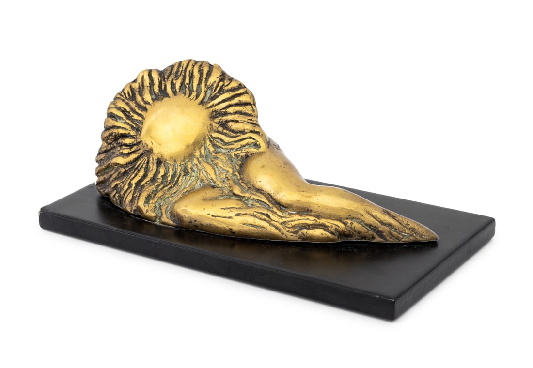 Patrizia Guerresi "Donnasole" Gilt Bronze, 1986: Patrizia Guerresi (Italian, b. 1951) "Donnasole" [Sun Woman] Gilt Bronze Sculpture, 1986, signed and numbered edition "163/1000" to reverse, mounted on an ebonized rectangular base. Overall: 3" H x 8"