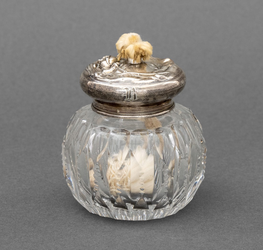 Art Nouveau Sterling Silver and Glass Spirit Lamp: Art Nouveau Sterling Silver and Cut Glass Spirit Lamp, repousse rose design, struck with Woodside Sterling Co. mark, a "W" in a wreath, marked "Sterling 2424" and initialed "D" to lid. Weight: 0.48 oz