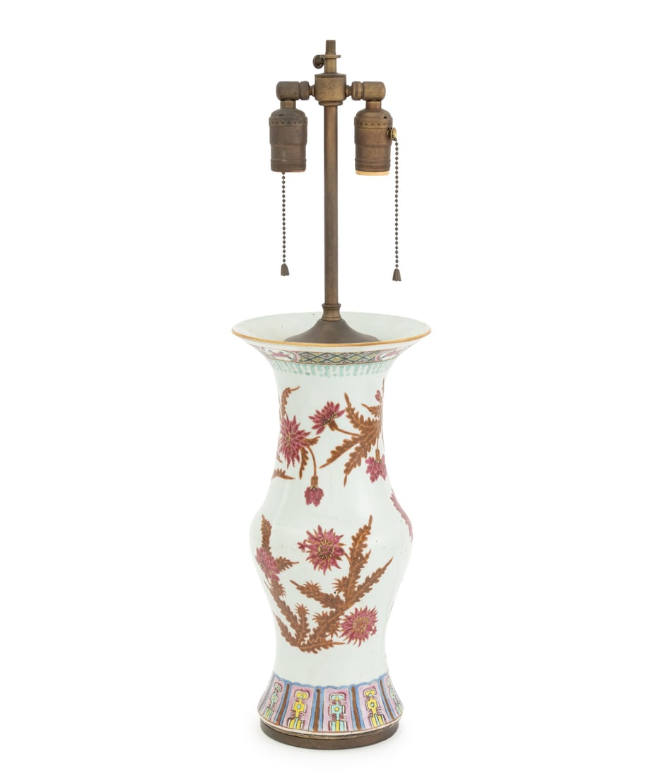 Chinese Porcelain Vase Mounted as a Table Lamp: Chinese Famille Rose Porcelain Vase Mounted as a Table Lamp, the vessel hand-enameled with chrysanthemum flowers, the lamp with two bulb fittings. 25.5" H x 7.25" Diameter. Provenance: From a Forest H
