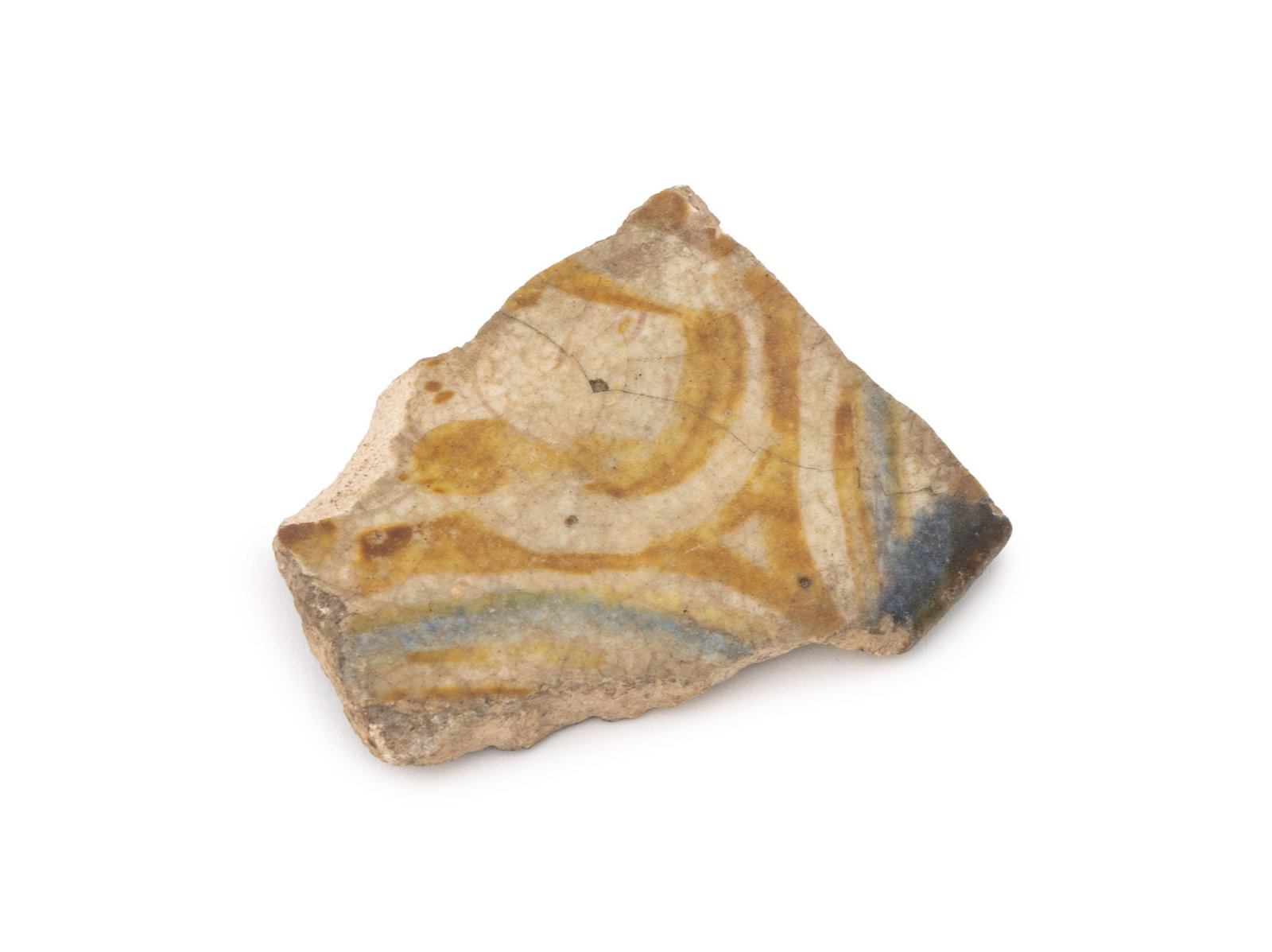 Ancient Persian Polychrome Glazed Pottery Sherd: Ancient Persian Polychrome Glazed Pottery Sherd, excavated 19th century by a French archaeologist, paper labels to reverse reading "Ruines de Rhei (Persia) / 1820 / F. Mechin" and "A.19.Rey". 2.5" L x