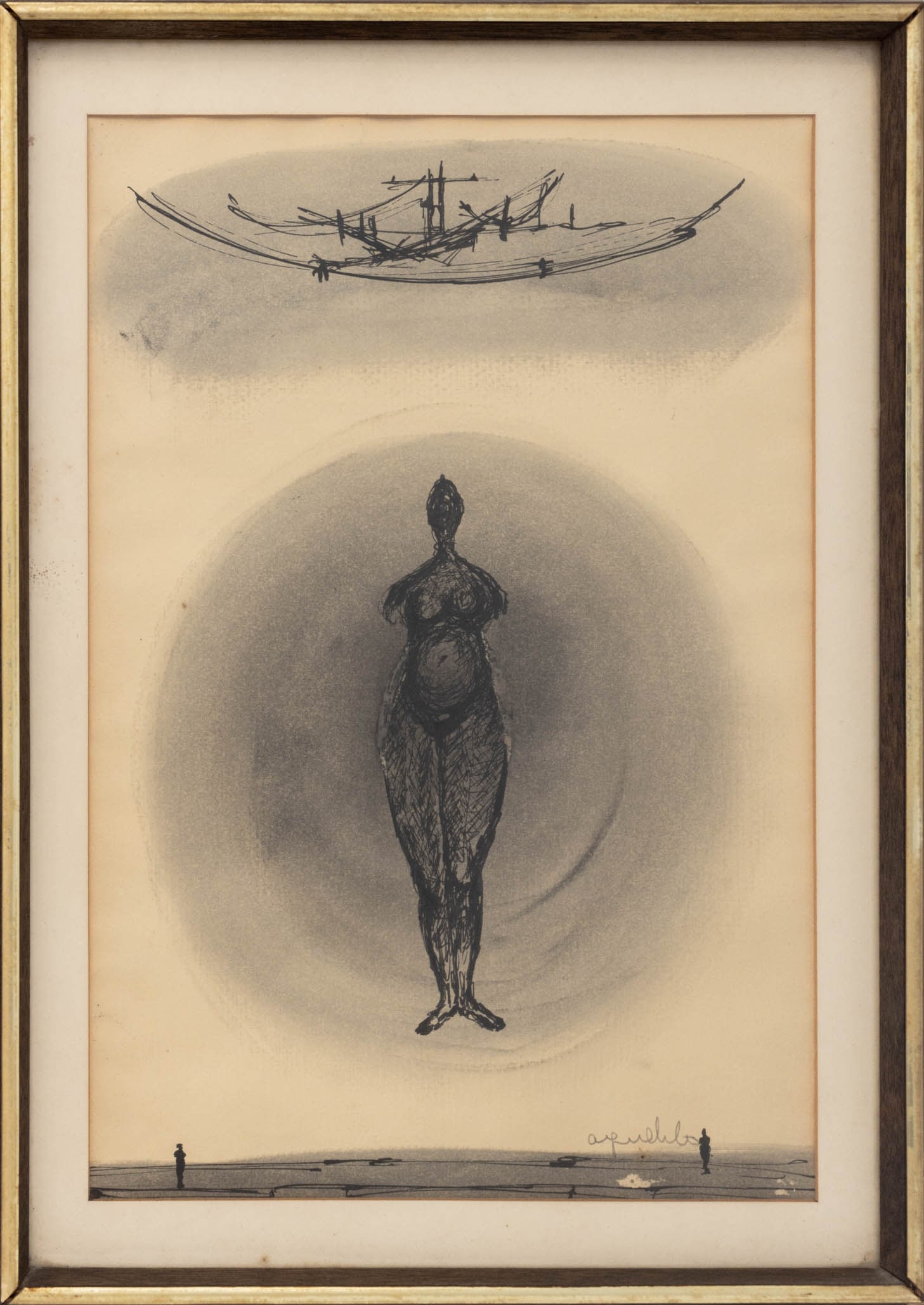 Agudelo Abstract Figure Mixed Media on Paper: Agudelo (XX), Abstract Figure, Graphite and Ink on Paper, signed in pencil lower right, wood frame. Image: 17.25" H x 11.5" W; frame: 21.25" H x 15.25" W x 1.5" D. Keywords: Drawings, Works on Paper, 