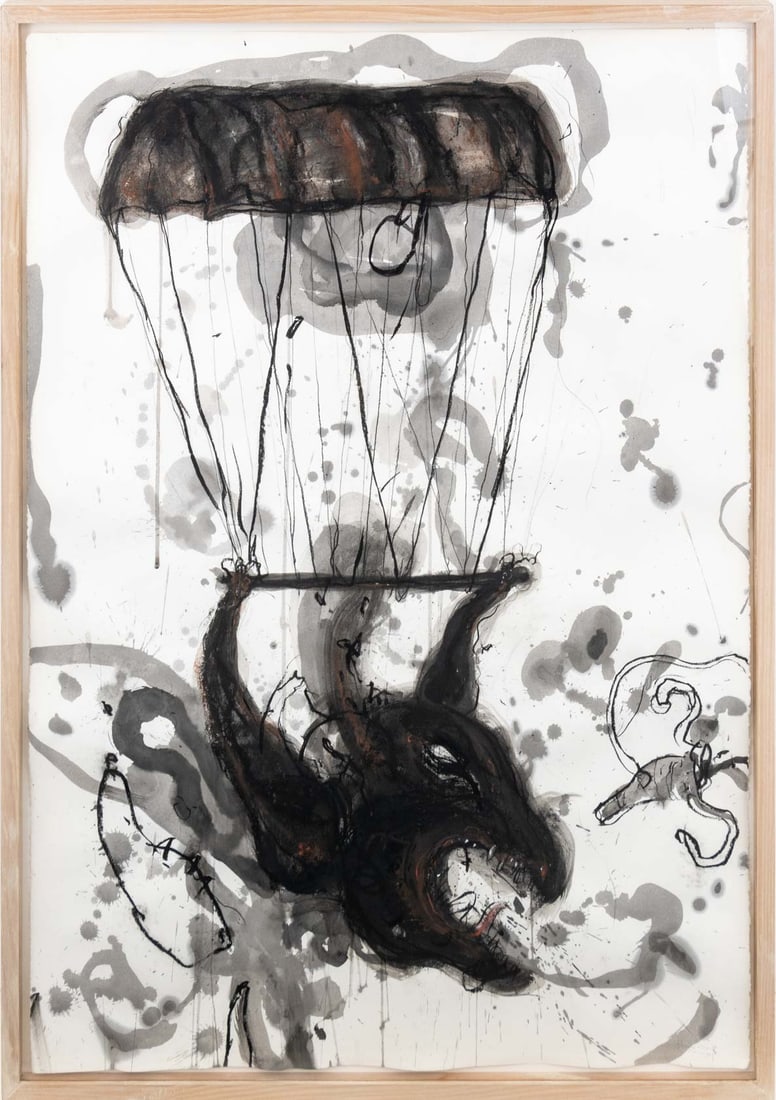 Robert Dandarov "Dark Angel" Mixed Media, 1989: Robert Dandarov (Macedonian/American, b. 1959), "Dark Angel", Mixed Media on Paper, 1989, depicting a parachuting creature, signed in pencil, titled, and dated lower right, white painted wood frame. I