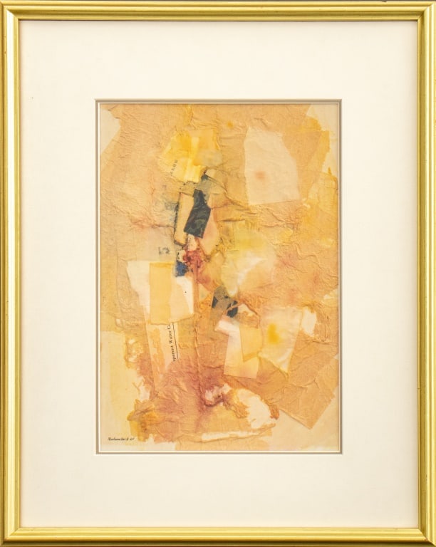 Robert Roehrenbeck Untitled Mixed Media, 1964: Robert Roehrenbeck (American 1932-2006), Untitled (Abstract Composition), Mixed Media Collage, 1964, tissue paper, newspaper clippings, and ink, signed and dated lower left, gold-tone metal frame.