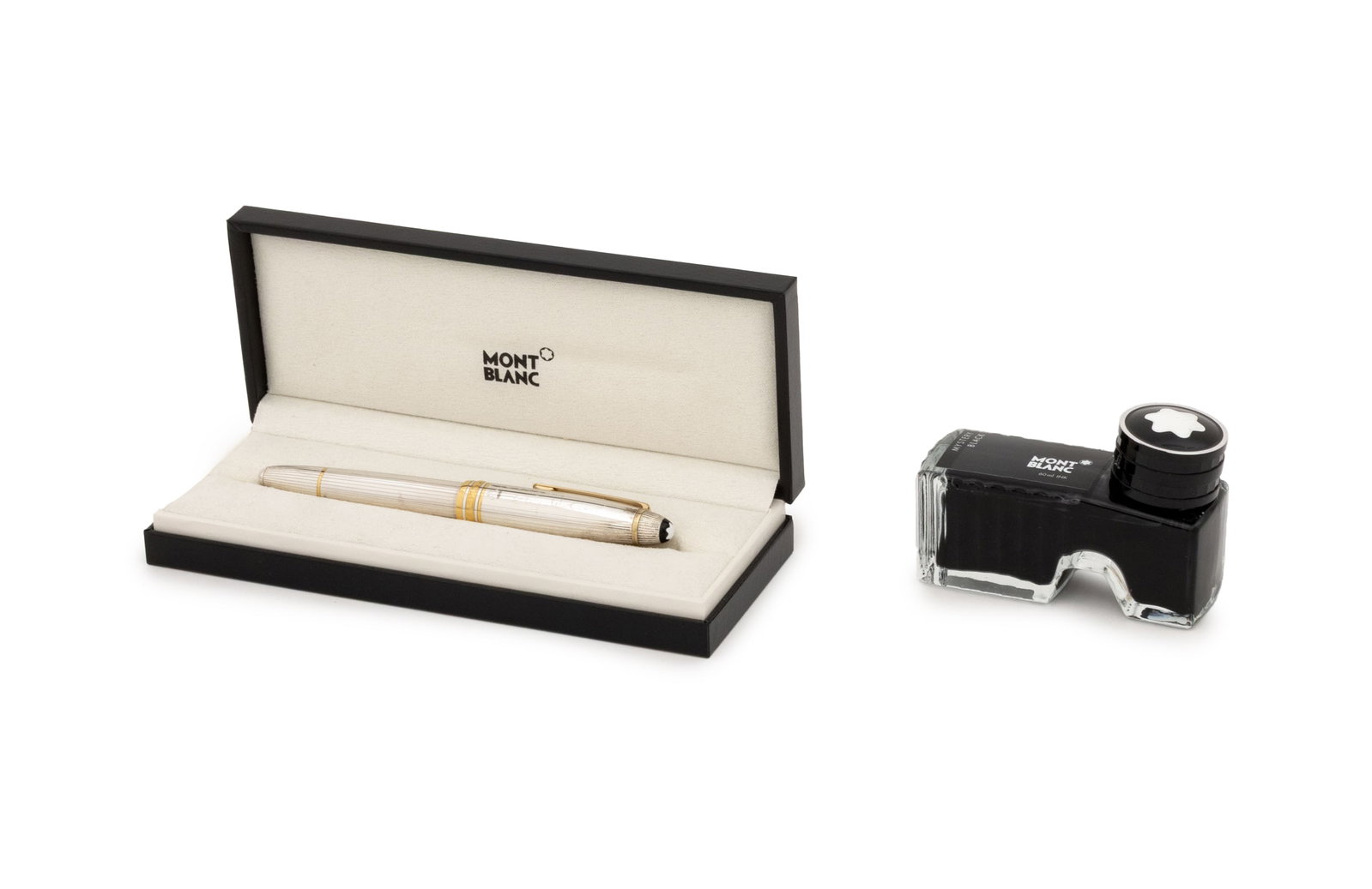 Montblanc Meisterstuck Sterling Fountain Pen & Ink: Montblanc Meisterstuck Solitaire Sterling Silver Fountain Pen and Ink Bottle, sterling silver case with guilloche pinstripes and gold-plate accents, engraved with signature "Elie Wiesel" to cap, impre