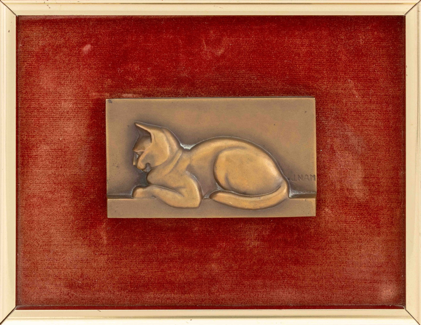 Jacques Nam Reclining Cat Patinated Bronze Relief - 2