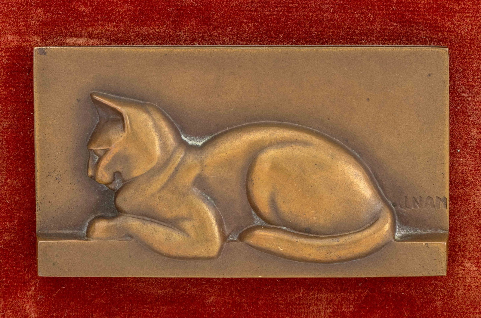 Jacques Nam Reclining Cat Patinated Bronze Relief - 3
