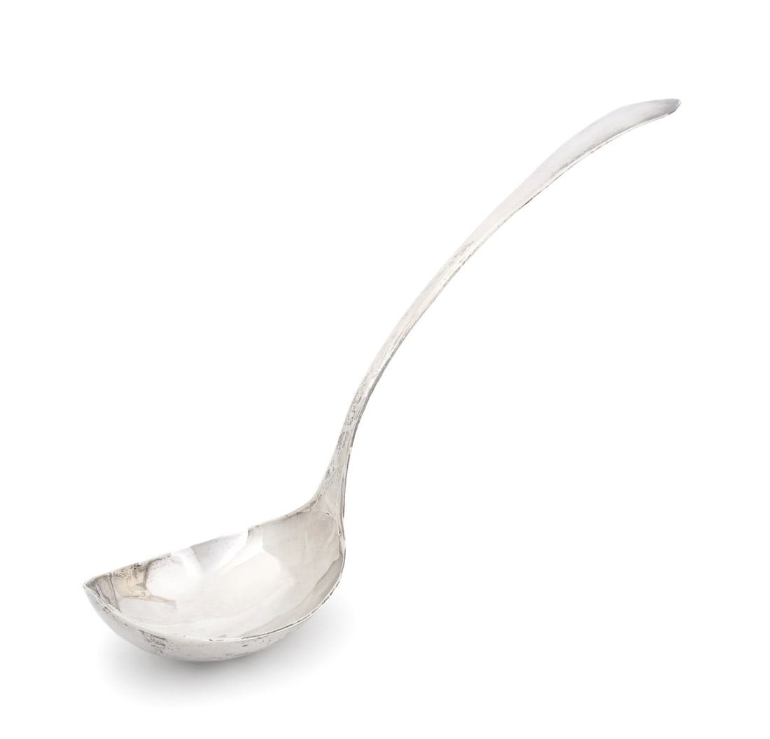 German Silver Ladle, 19th C.: German Silver Ladle, 19th century, struck with Hanau marks to handle. Weight: 6.90 ozt.; 16" L x 3.25" W. Provenance: From the Fifth Avenue Estate of a Distinguished Author and Humanitarian. Keywords: