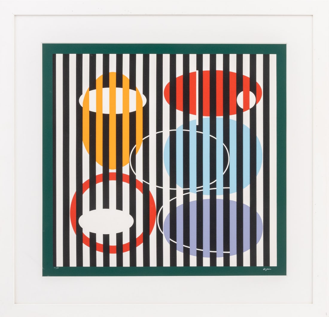 Yaacov Agam "End to End" Screenprint, 1991: Yaacov Agam (Israeli, 1928-2026), "End to End Suite", Screenprint in Colors, 1991, signed in white ink lower right, numbered edition "CXXIII/CLXXX" [123/180] lower left, white frame. Image: 14.25" H x