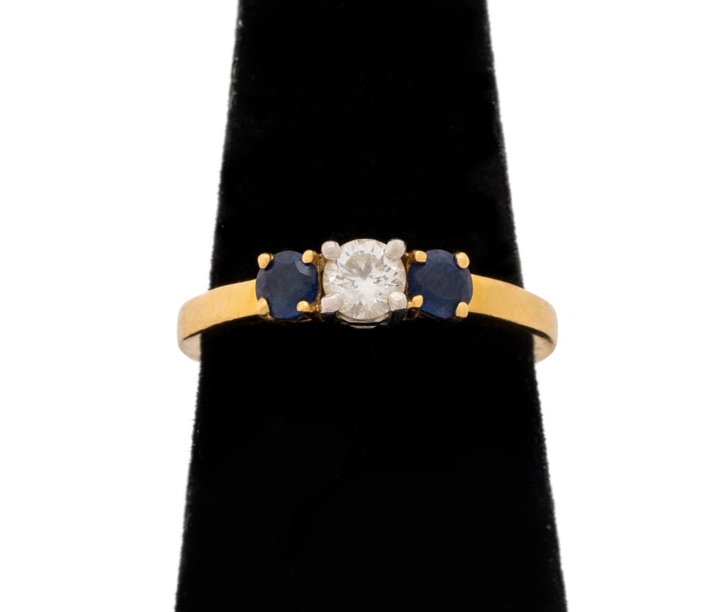 Diamond and Sapphire 3-Stone Yellow Gold Ring (1 of 5)