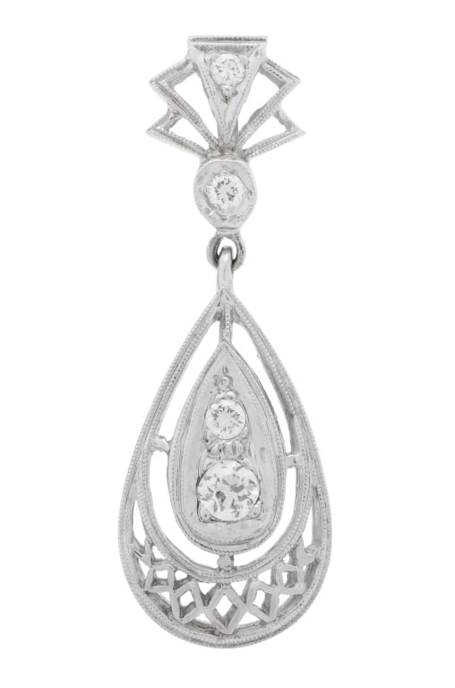 Art Deco Style White Gold and Diamond Drop Pendant: Art Deco Style14K White Gold and Diamonds Drop Pendant, adorned with four diamonds weighing approx. 0.33 carat, measuring approx. 1 1/2" x 1/2"; depth: 4.50mm; total weight: 2.2 dwt. Provenance: From 