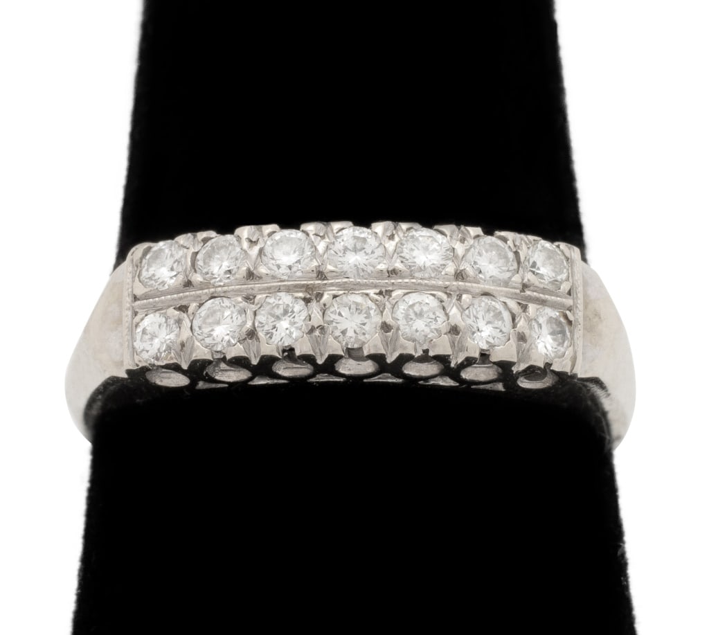 Two-Row Diamond and White Gold Band Ring: 14K White Gold and Diamonds Two-Row Band, featuring 14 prong set round brilliant cut diamonds, weighing a total of approx. 0.50 carat, marked: "14K-X". Measuring approx. US size 9, 1/4" across widest 